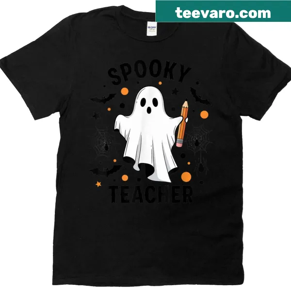 Cute ghost holding a pencil on a Halloween-themed teacher T-shirt