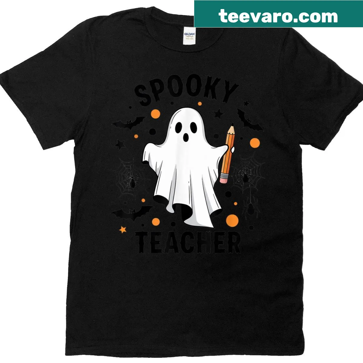 Cute ghost holding a pencil on a Halloween-themed teacher T-shirt — on a men's t-shirt