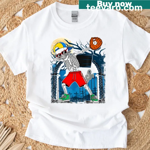 Cartoon skeleton baseball player graphic T-shirt for kids' Halloween.