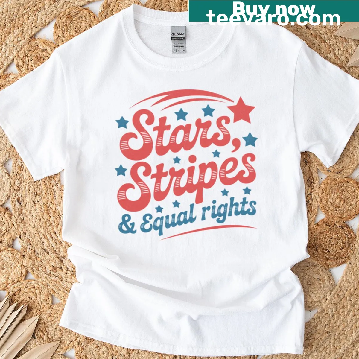 T-shirt with the phrase 'Stars Stripes And Equal Rights' in bold lettering — on a men's t-shirt
