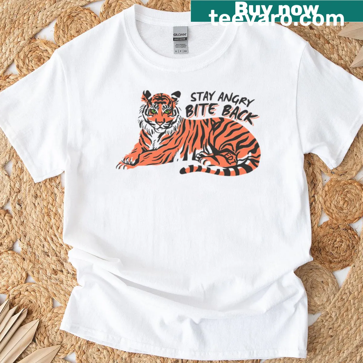 Bold text T-shirt saying 'Stay Angry - Bite Back' — on a men's t-shirt