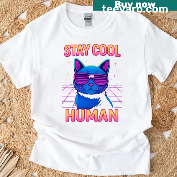 Oversized T-shirt with a playful cat graphic and the text 'Stay Cool Human'