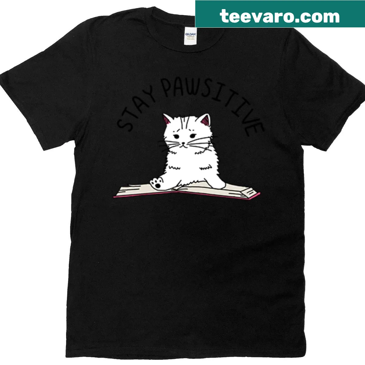Adorable white cat with a book promoting positivity — on a men's t-shirt