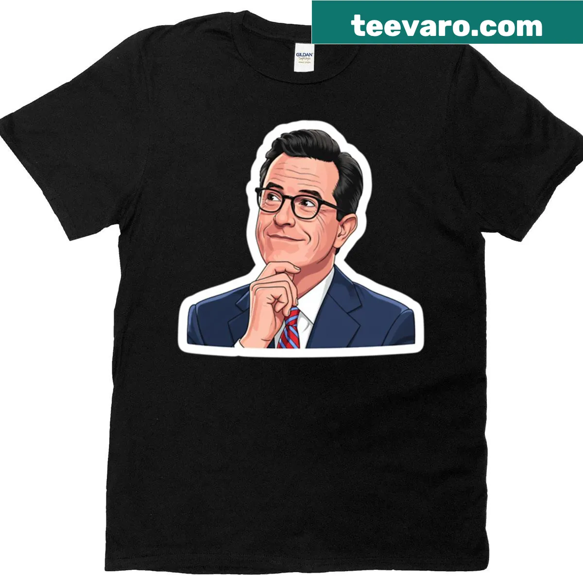 Stephen Colbert thinking graphic t-shirt — on a men's t-shirt