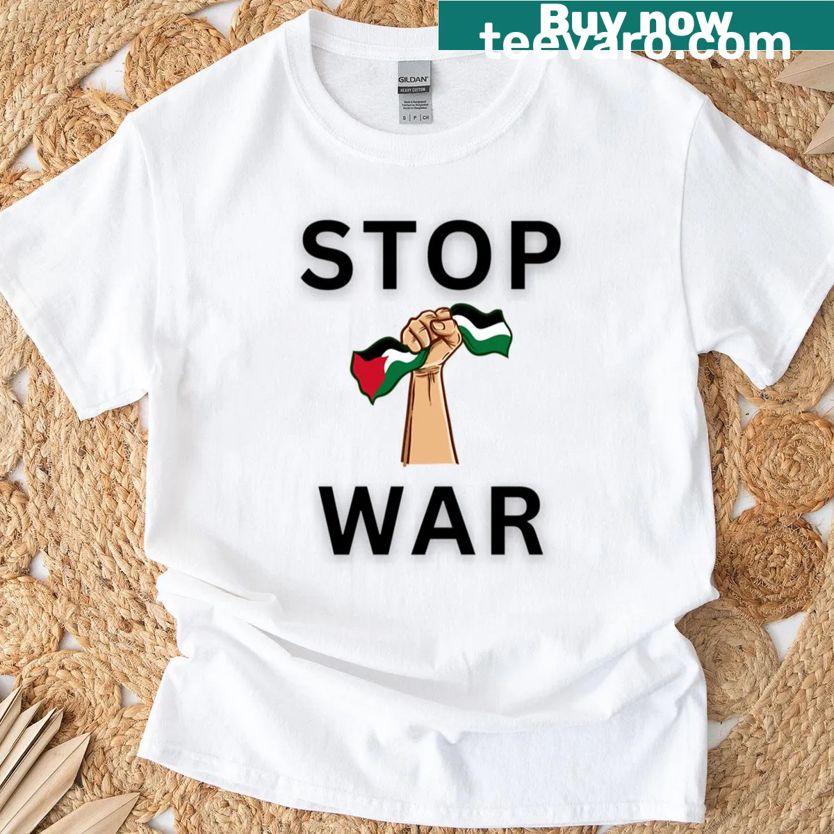 T-shirt with 'Stop War' text promoting peace activism — on a men's t-shirt