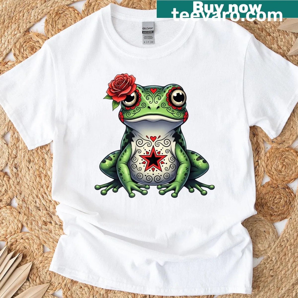 Graphic T-shirt with a sugar skull frog design, Halloween theme — on a men's t-shirt