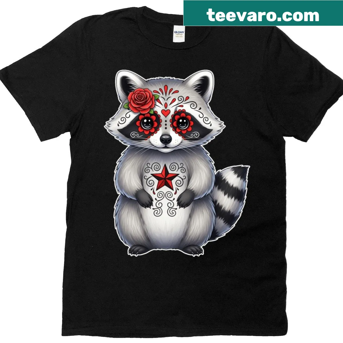 Halloween t-shirt with sugar skull raccoon graphic — on a men's t-shirt