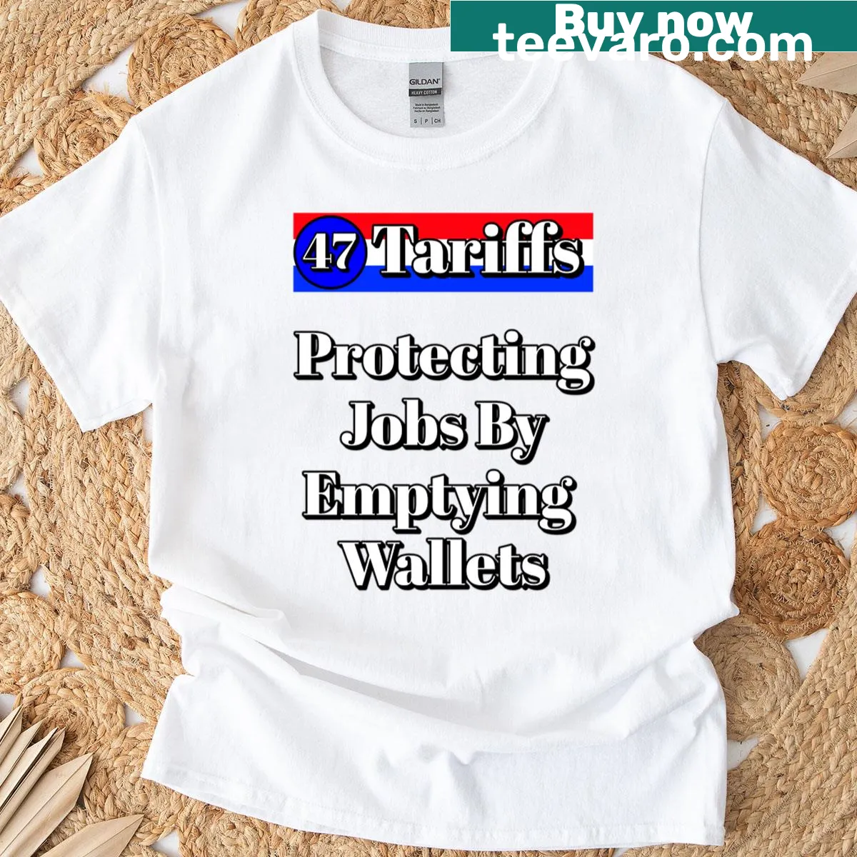 Oversized T-shirt with text on tariffs and jobs — on a men's t-shirt