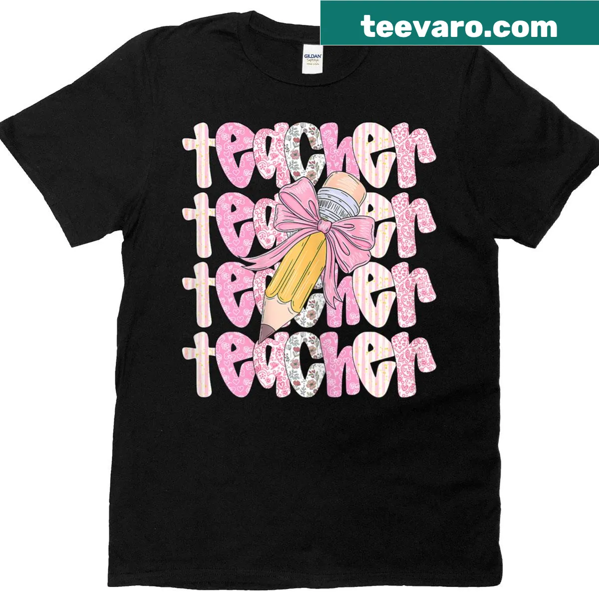 Teacher t-shirt with coquette bow and 'Happy School Day' graphic — on a men's t-shirt