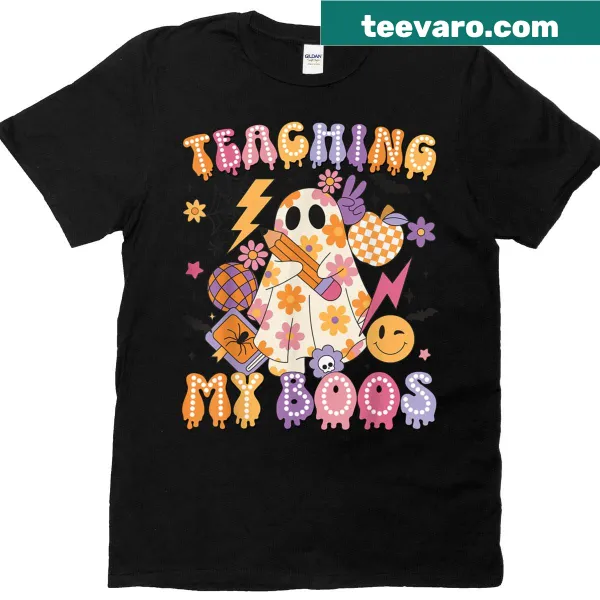 Halloween T-shirt for teachers with ghosts and 'Teaching My Boos' graphic