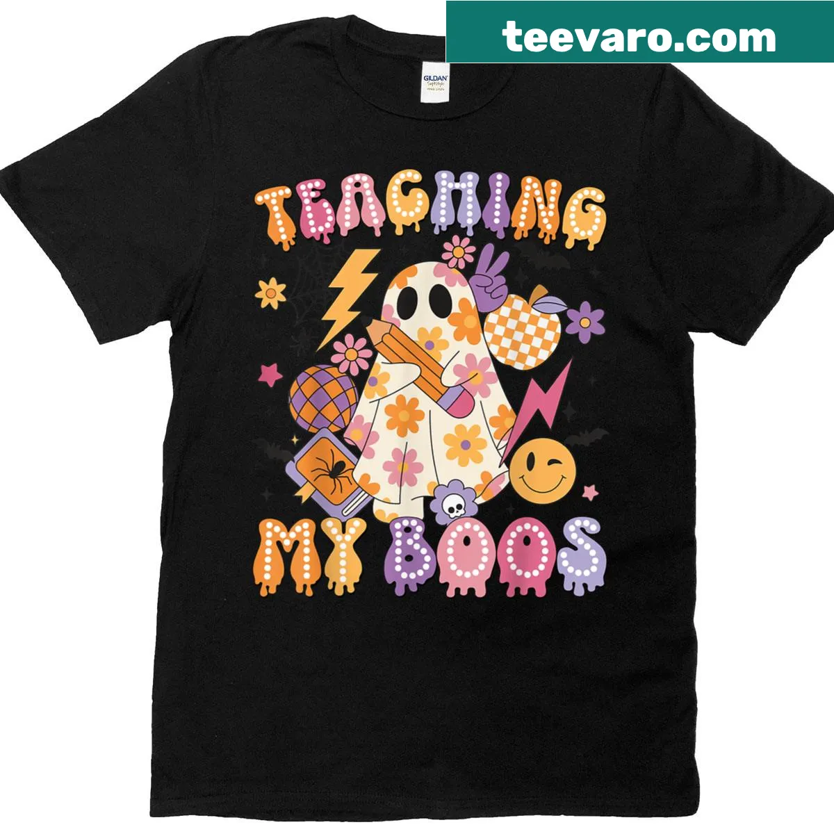 Halloween T-shirt for teachers with ghosts and 'Teaching My Boos' graphic — on a men's t-shirt