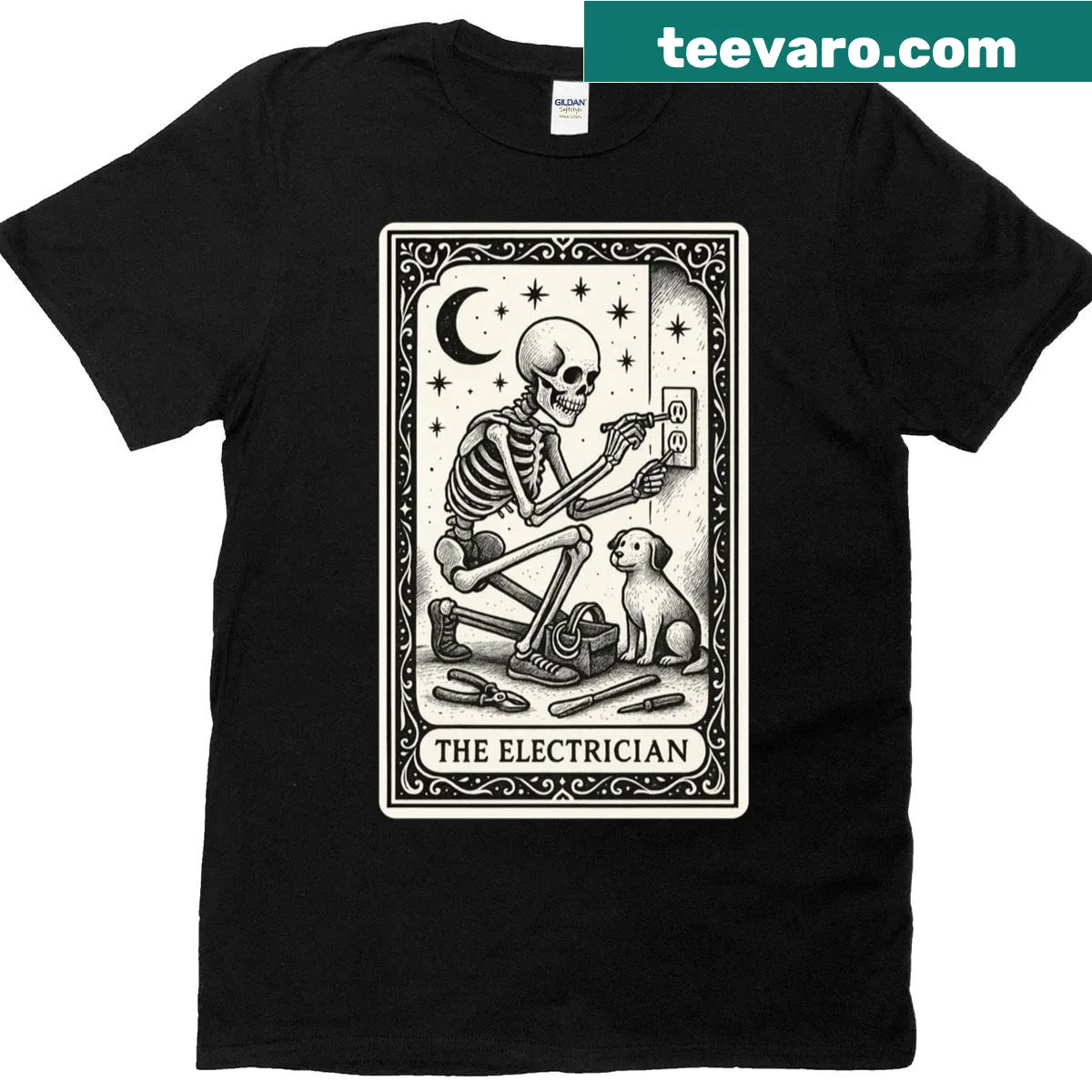 Gothic tarot card design featuring an electrician on a Halloween T-shirt. — on a men's t-shirt