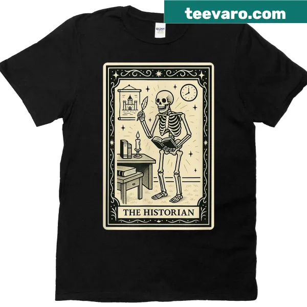 Gothic historian tarot card graphic on a T-shirt