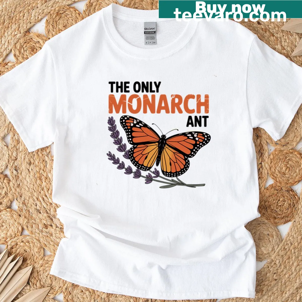 Illustration of an orange monarch butterfly with text — on a men's t-shirt
