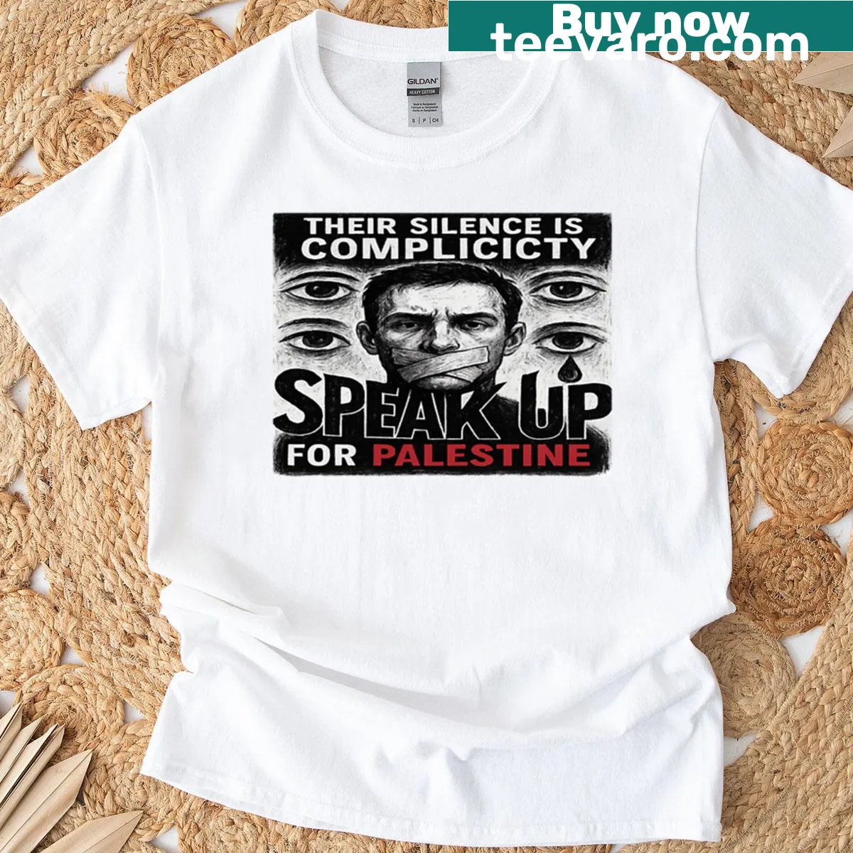 T-shirt featuring the phrase Speak Up For Palestine in bold typography — on a men's t-shirt