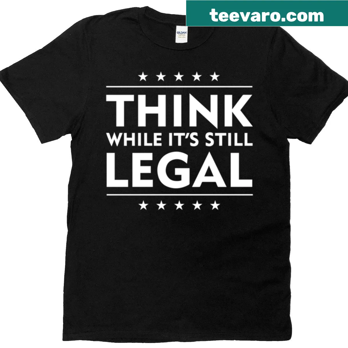 Political T-shirt with bold text encouraging thinking — on a men's t-shirt