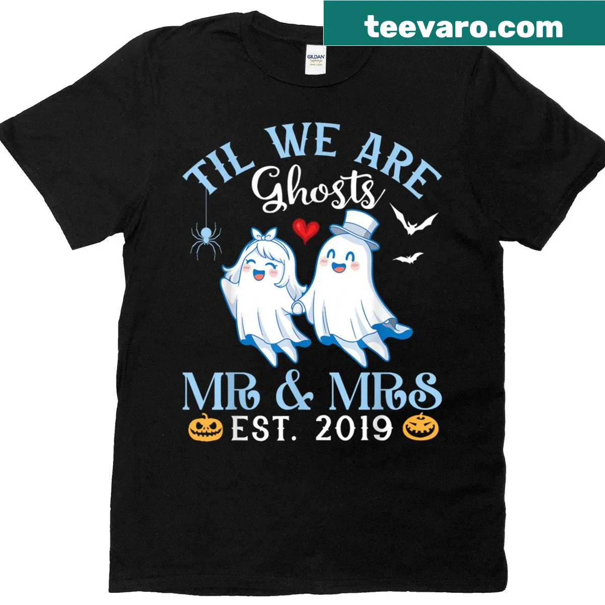 Couples Halloween shirt stating 'Til We Are Ghosts' with date — on a men's t-shirt