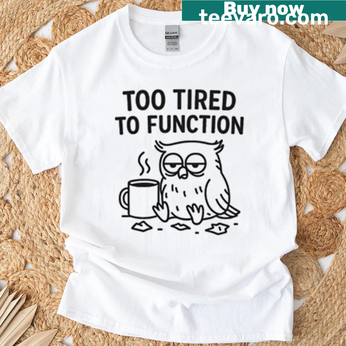 Cute t-shirt featuring a sleepy owl with a coffee cup — on a men's t-shirt