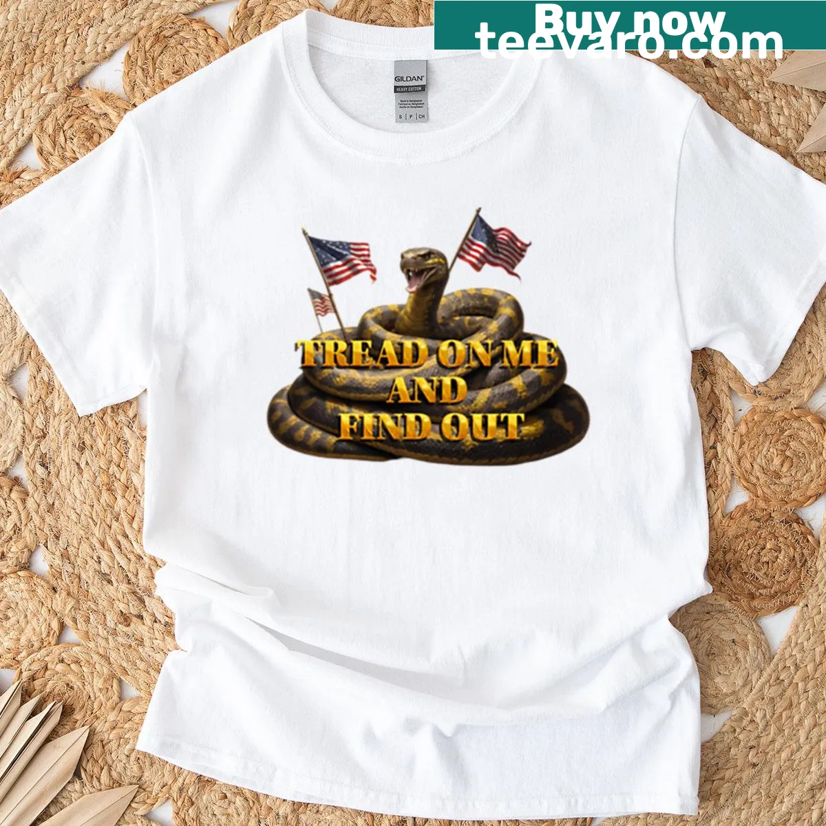 Rattlesnake graphic with 'Tread On Me And Find Out' text on oversized t-shirt — on a men's t-shirt