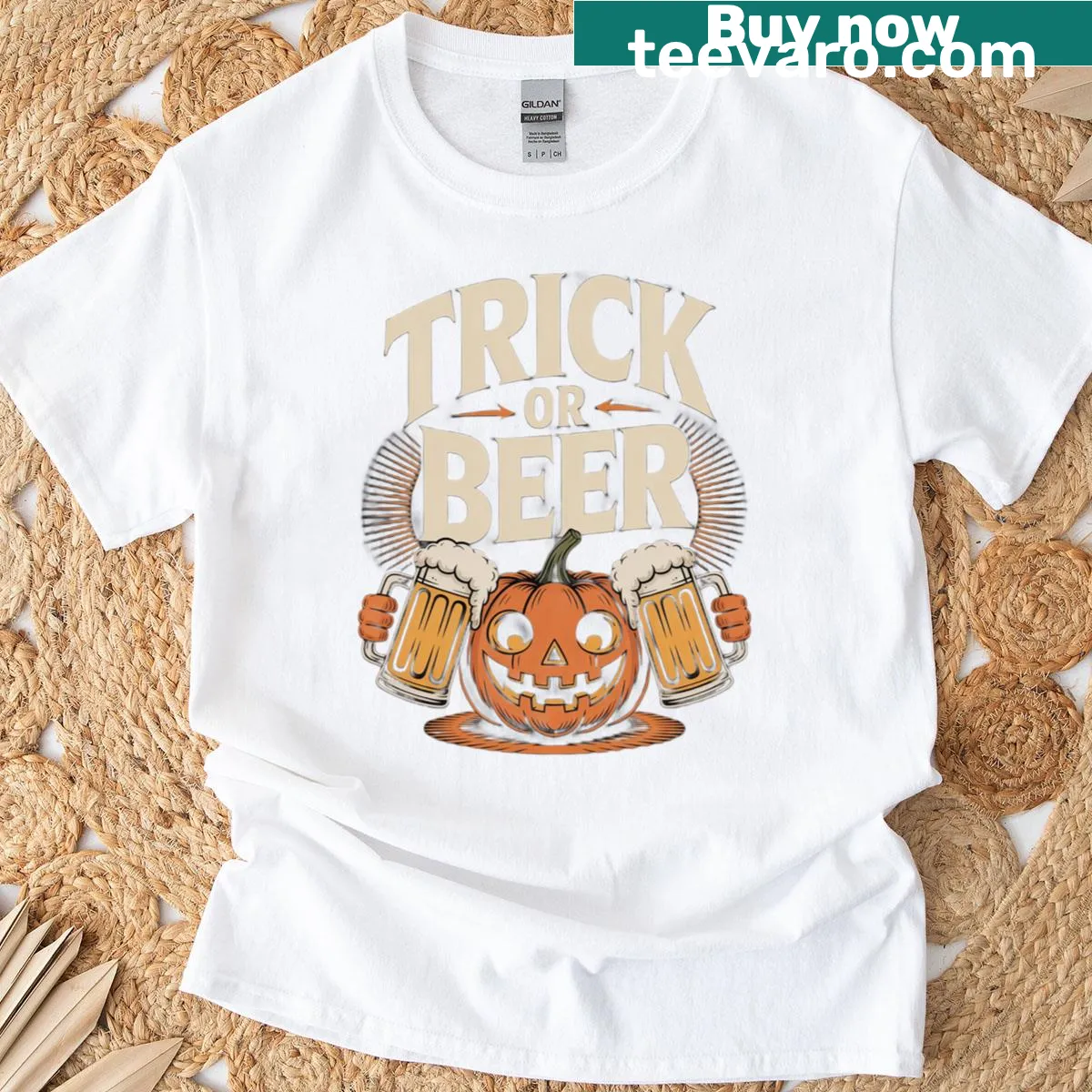 Funny Halloween t-shirt with a pumpkin and the phrase 'Trick Or Beer' — on a men's t-shirt