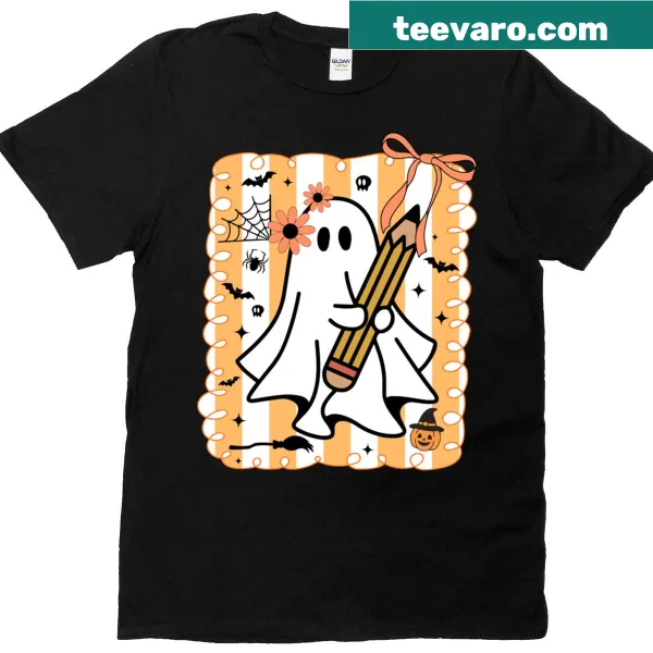 Halloween teacher t-shirt with cartoon ghost and Trick Or Teach text