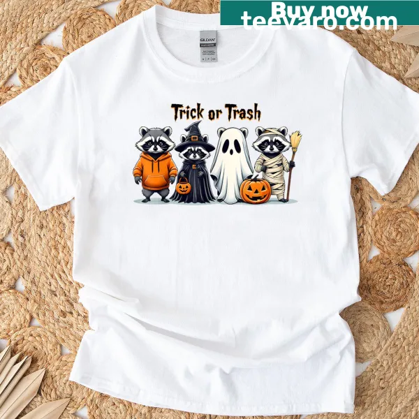 Cartoon raccoon in a ghost costume with the phrase 'Trick Or Trash'