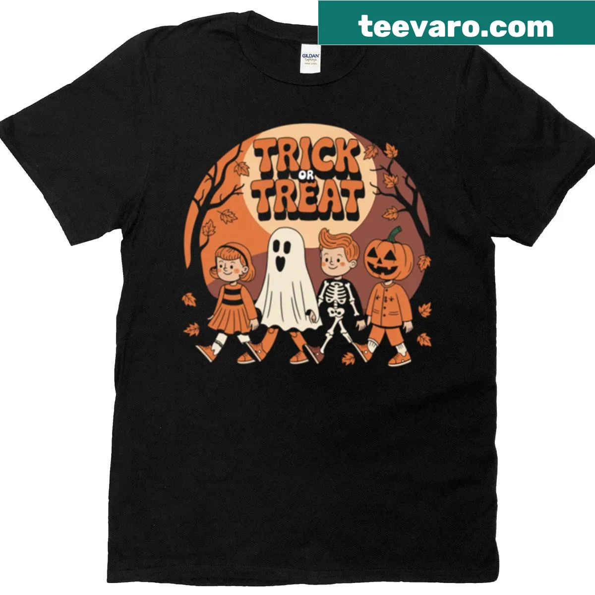 Halloween T-shirt featuring a Trick or Treat Parade graphic — on a men's t-shirt