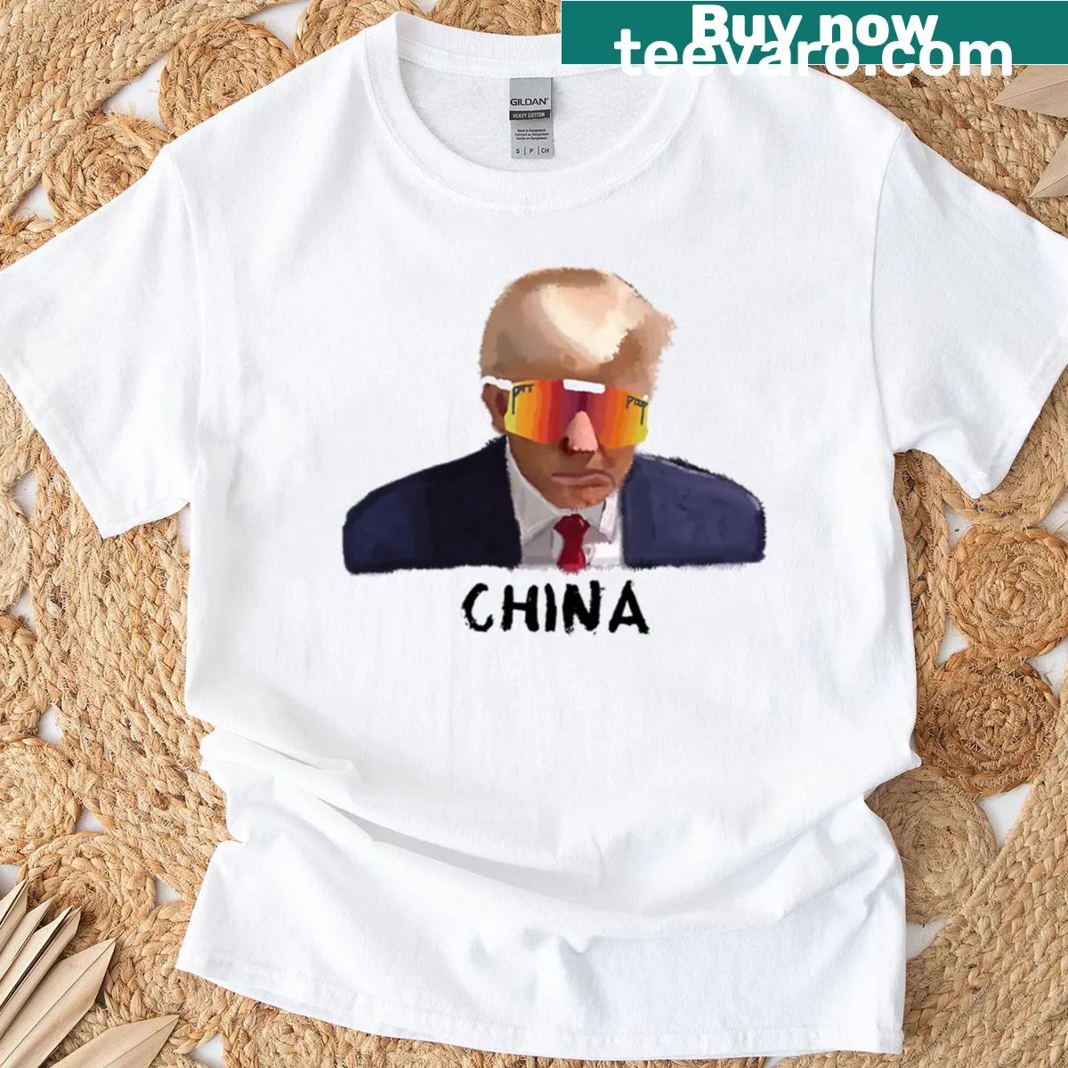 Mugshot illustration with sunglasses and political theme on t-shirt — on a men's t-shirt