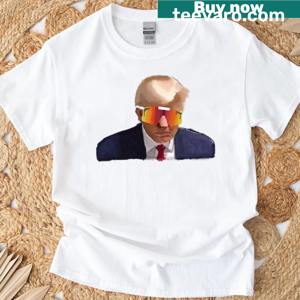 T-shirt featuring Trump in sunglasses mugshot illustration — on a men's t-shirt