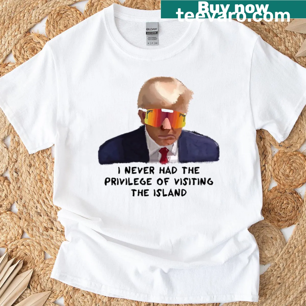 Illustration of Trump in sunglasses with a humorous mugshot theme — on a men's t-shirt