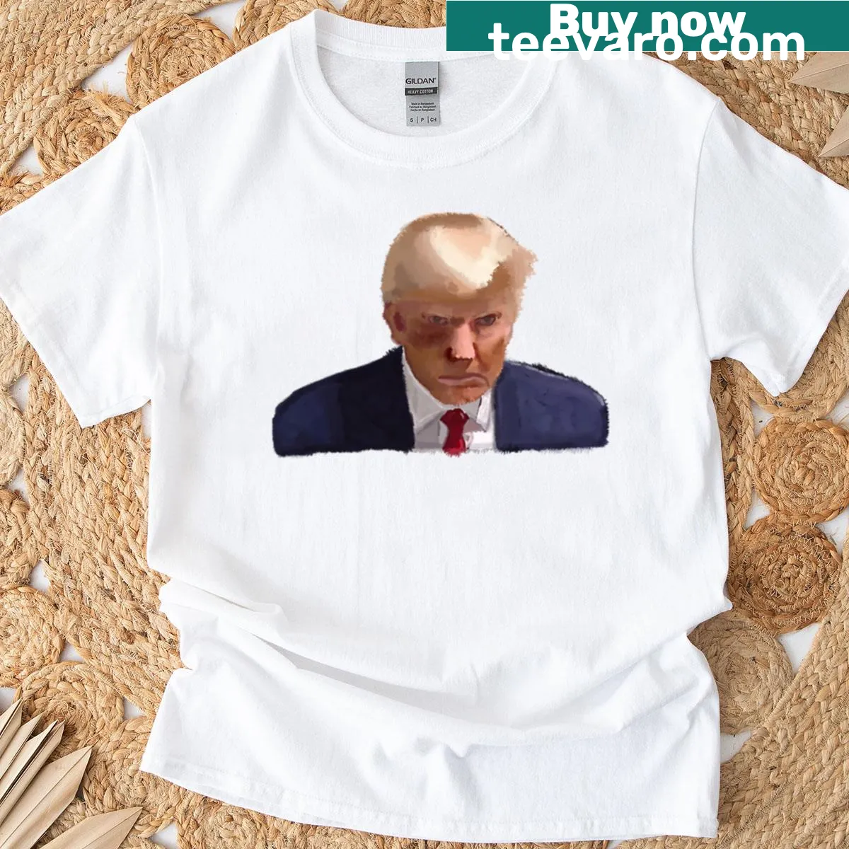 Oversized t-shirt featuring a humorous Trump mugshot painting — on a men's t-shirt