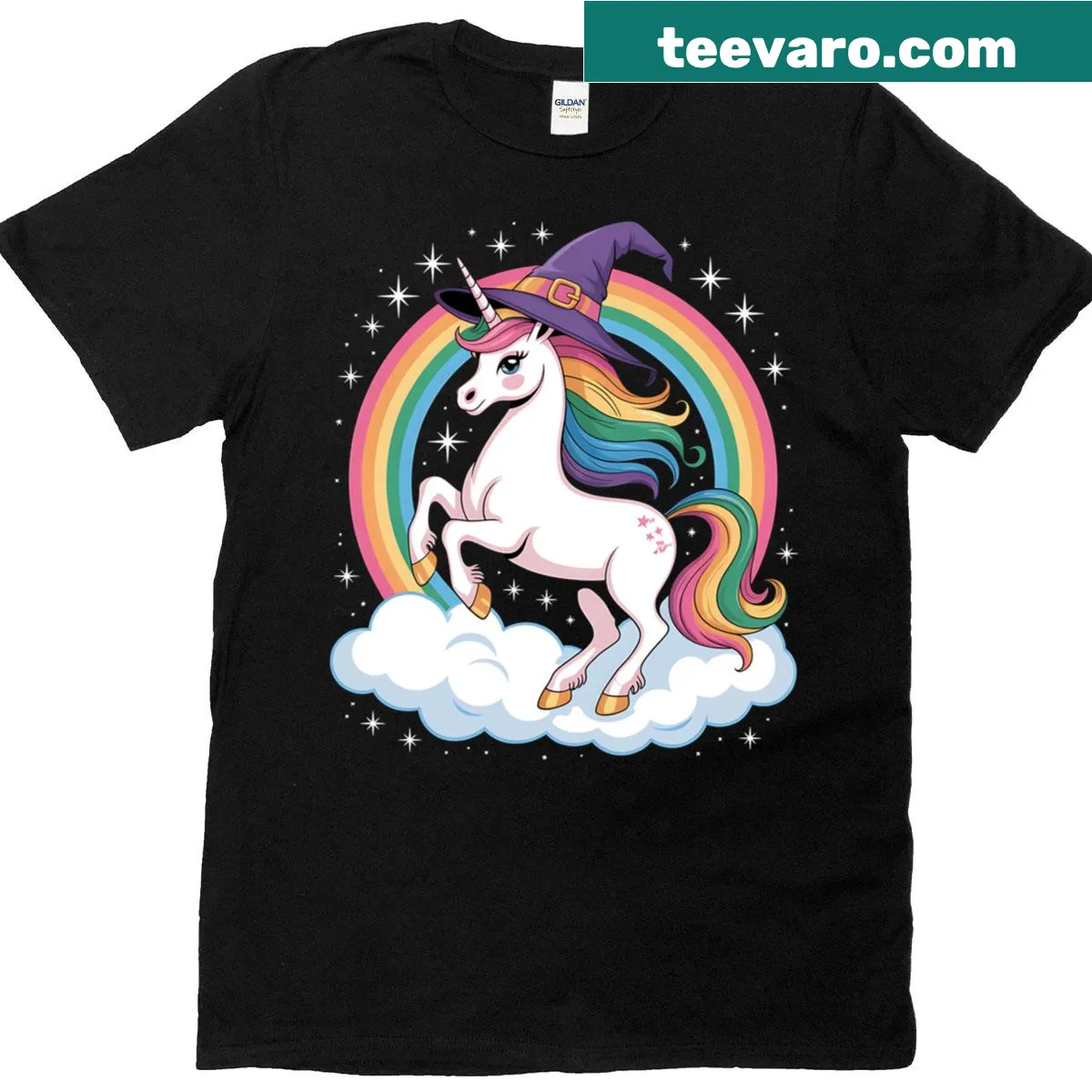 Whimsical unicorn witch Halloween T-shirt — on a men's t-shirt