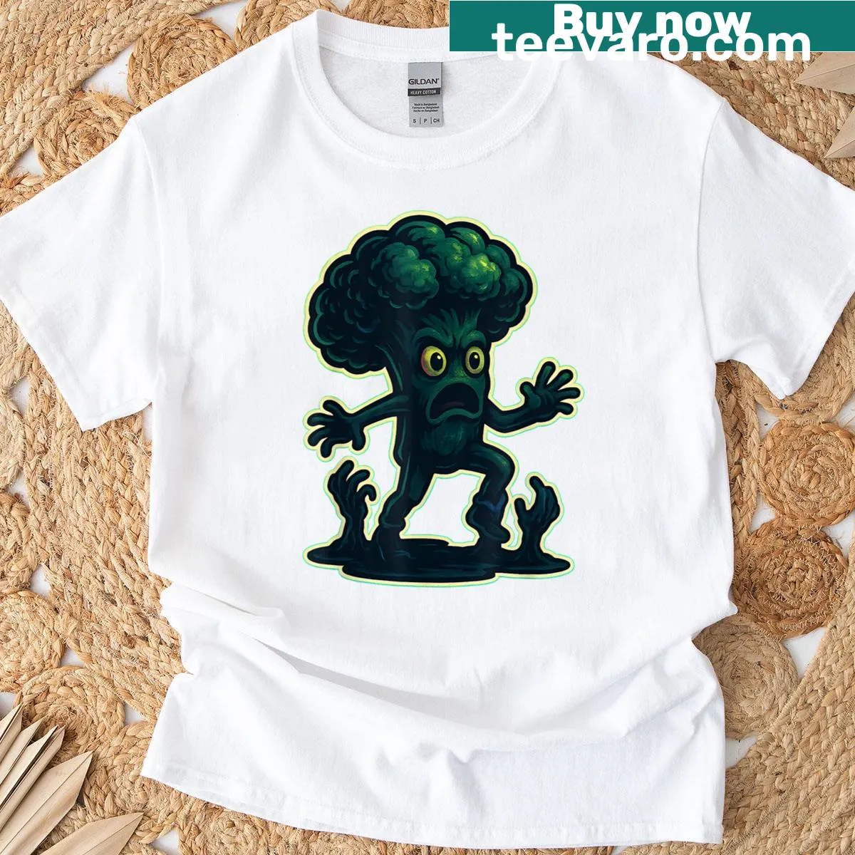 Halloween-themed t-shirt featuring a zombie broccoli monster — on a men's t-shirt