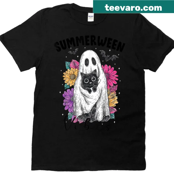 Vintage-style T-shirt with a ghost and black cat in floral design