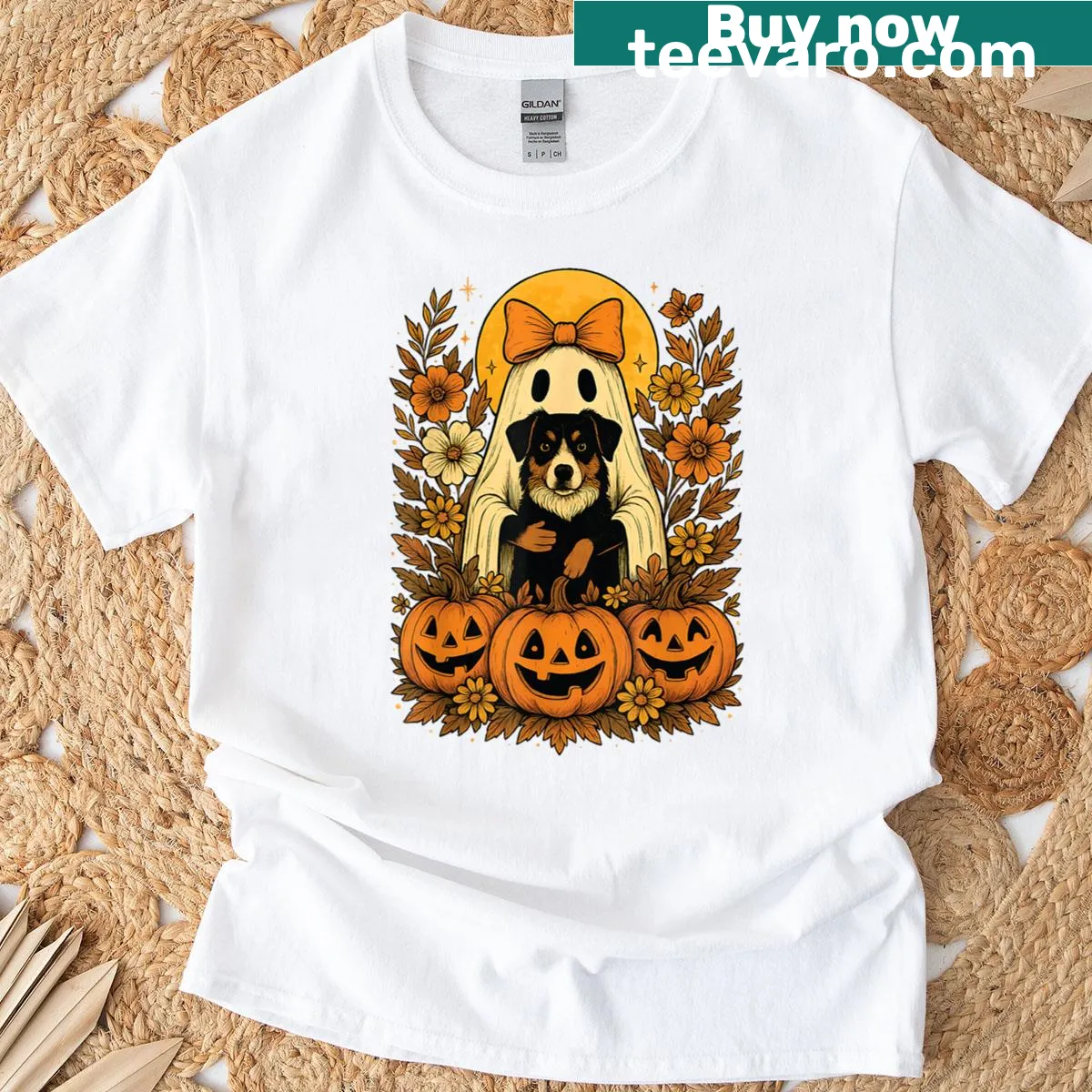Vintage-style Halloween ghost with an Australian Shepherd dog graphic on a T-shirt. — on a men's t-shirt