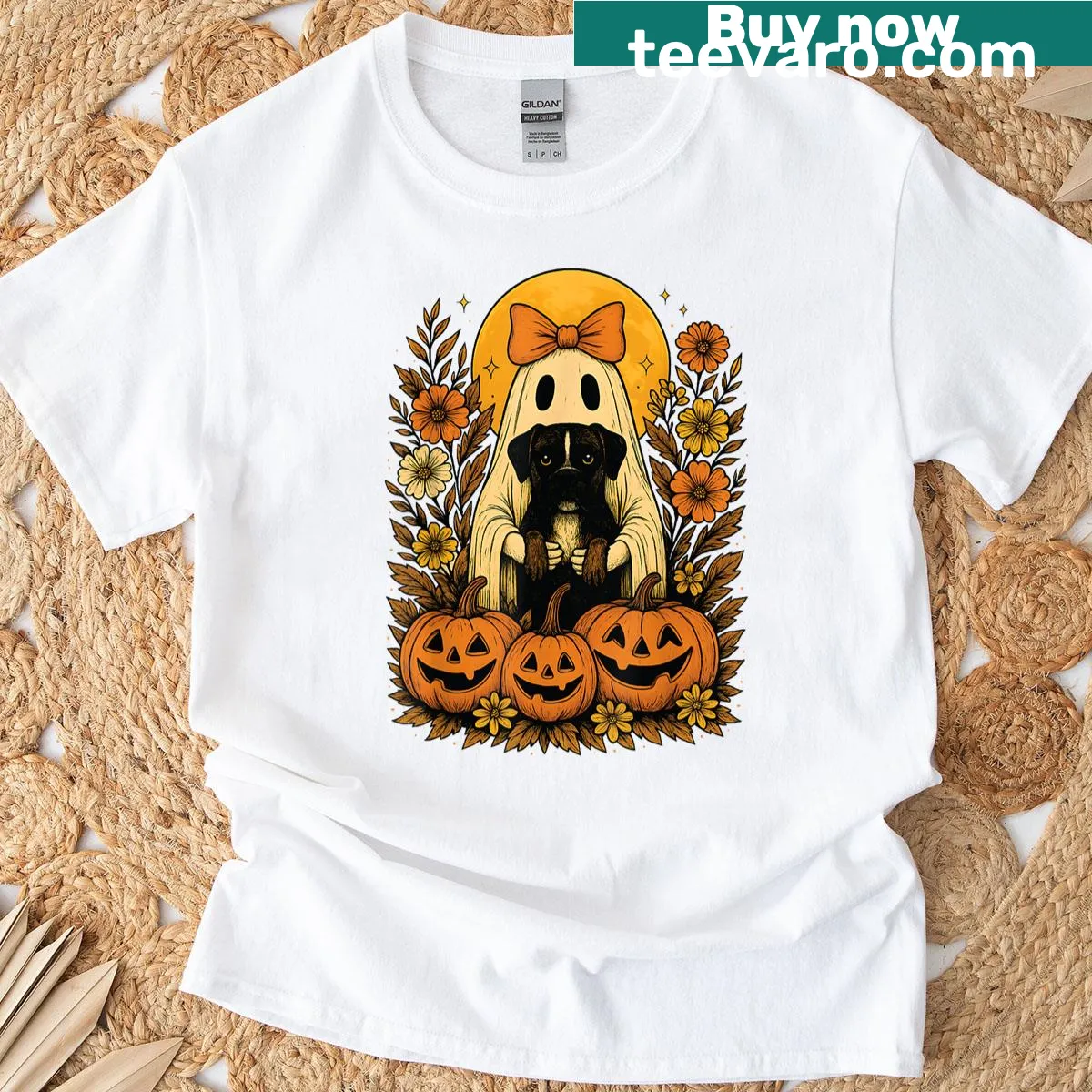 Vintage Halloween t-shirt with a ghost holding a Boxer dog — on a men's t-shirt