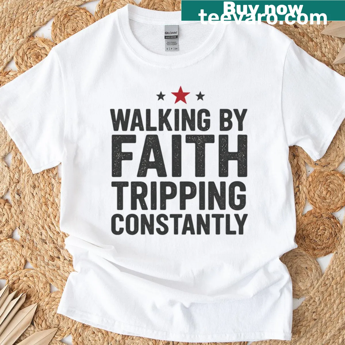 Funny faith-themed tee with humorous text — on a men's t-shirt