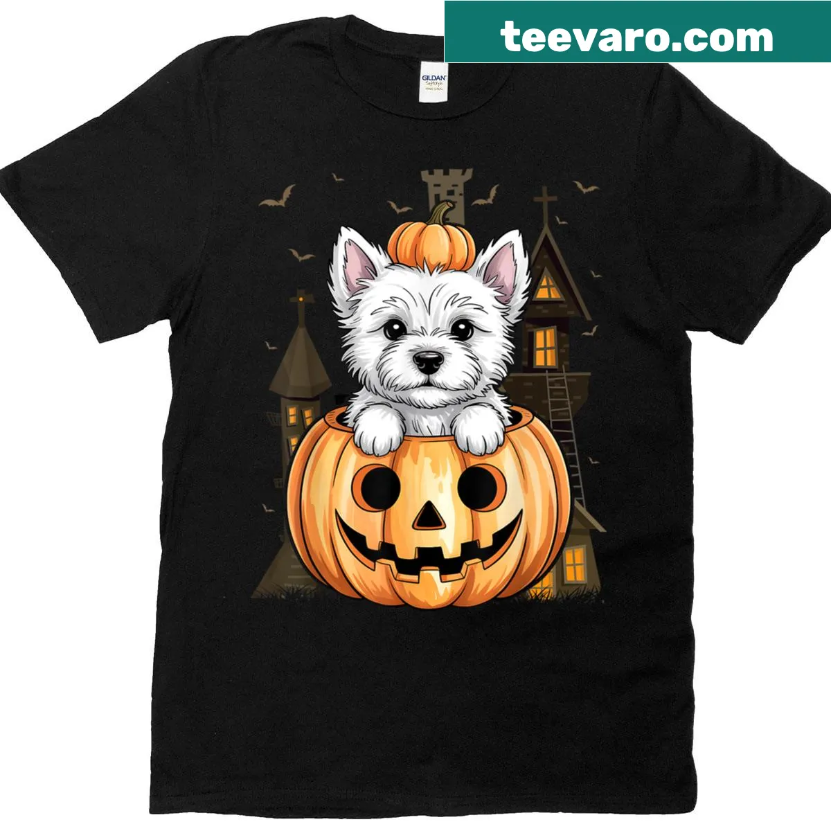 Illustration of a Westie dog with a pumpkin for Halloween — on a men's t-shirt