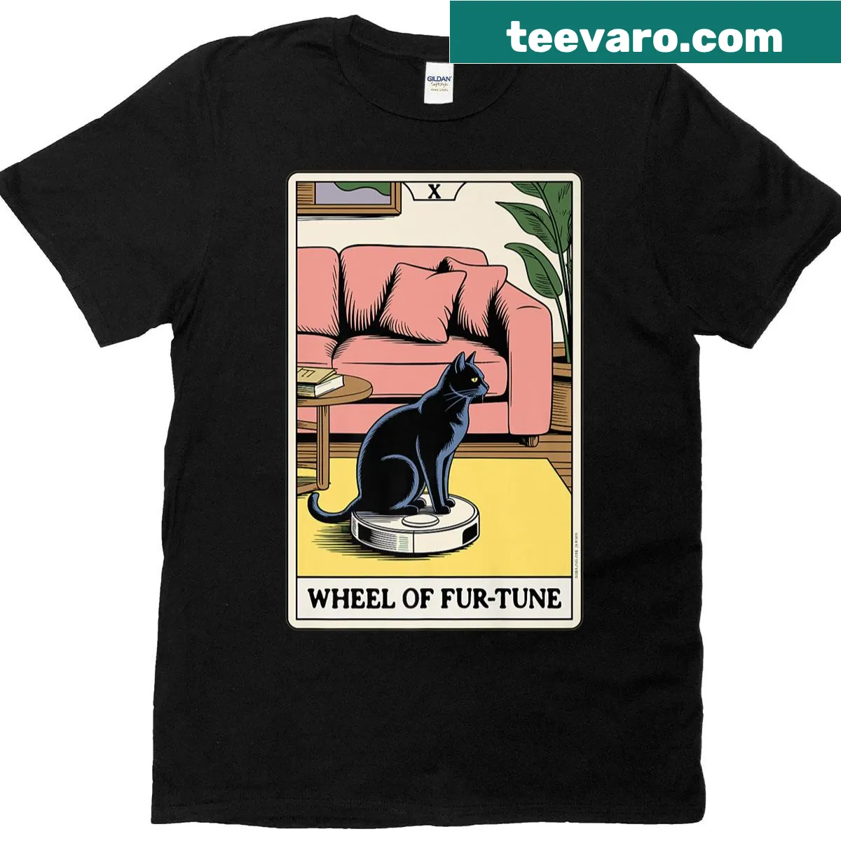 Whimsical t-shirt featuring a cat tarot card and robot vacuum cleaner — on a men's t-shirt