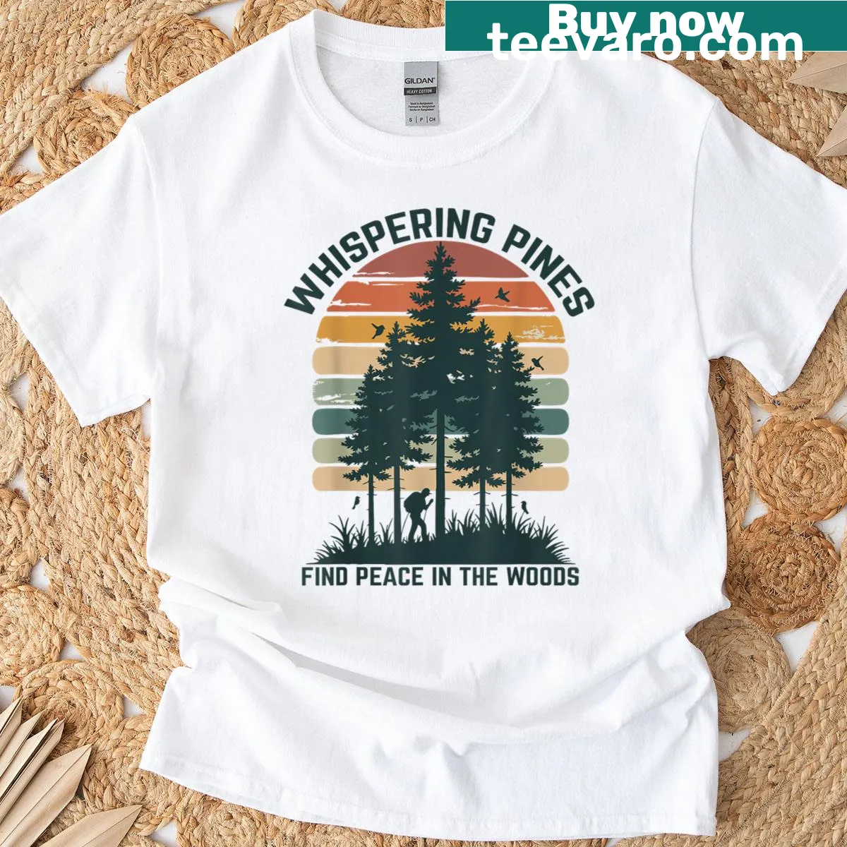 Retro hiking t-shirt featuring whispering pines and peaceful design — on a men's t-shirt