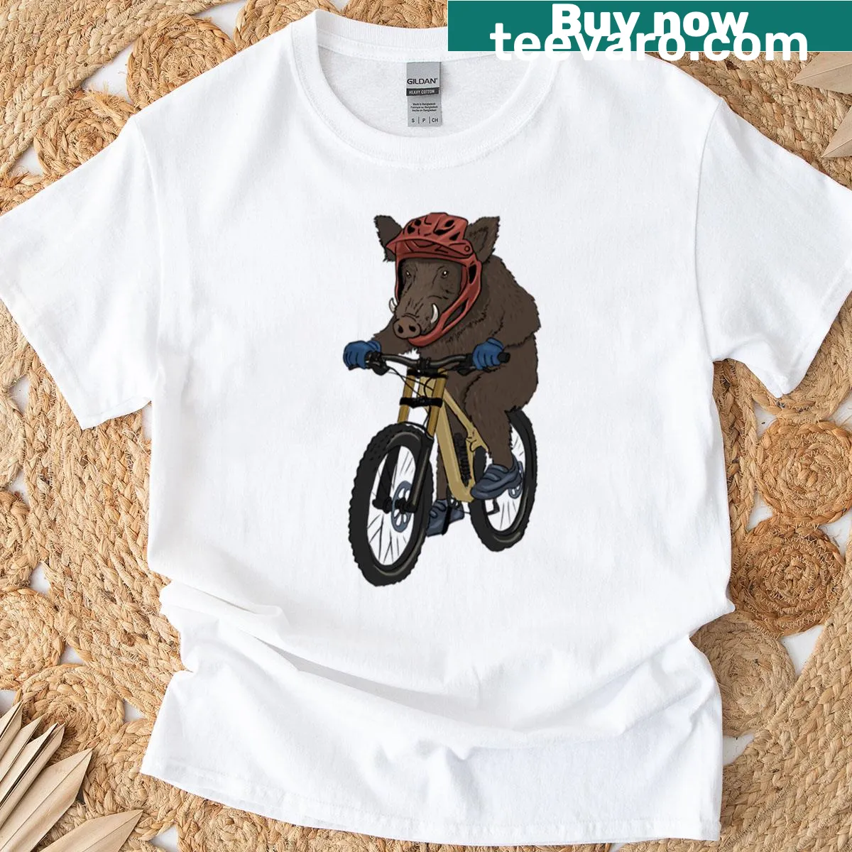 Cartoon boar on a downhill ride graphic T-shirt. — on a men's t-shirt