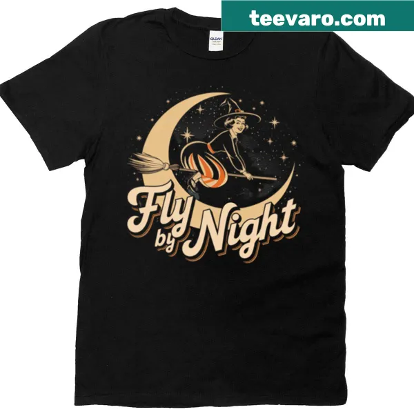 Whimsical illustration of a witch riding a broom on a t-shirt