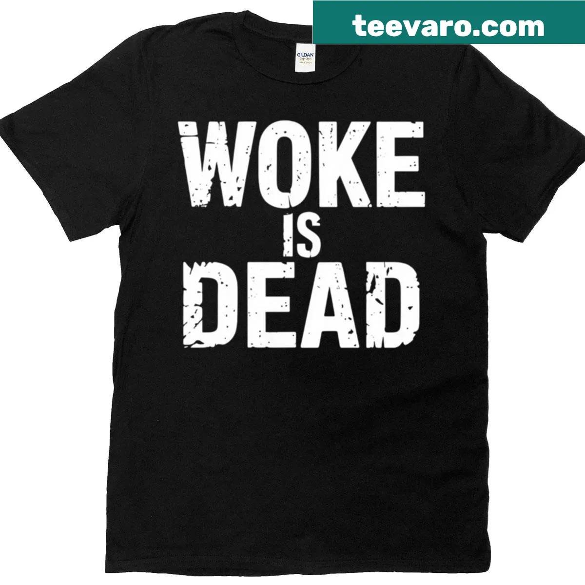 Bold grunge text on a minimalist oversized t-shirt, 'Woke Is Dead' — on a men's t-shirt