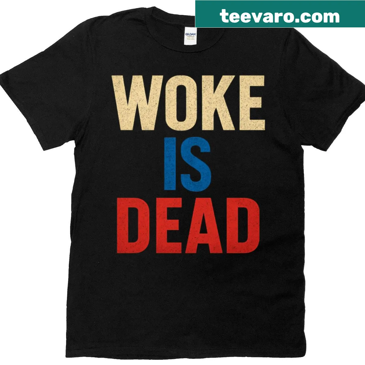 Retro t-shirt featuring bold graphic text 'Woke Is Dead' — on a men's t-shirt