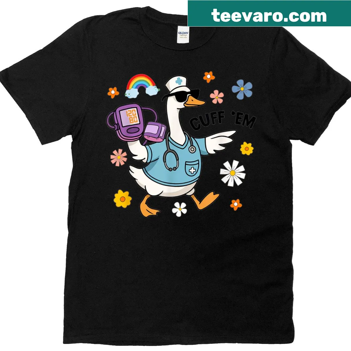 Funny nurse Halloween t-shirt with cartoon geese and humorous text — on a men's t-shirt