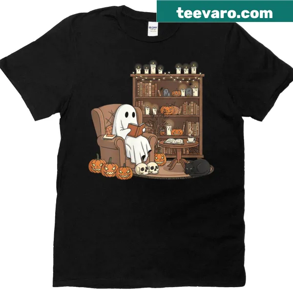 Cute Halloween-themed T-shirt with a ghost, black cat, and books