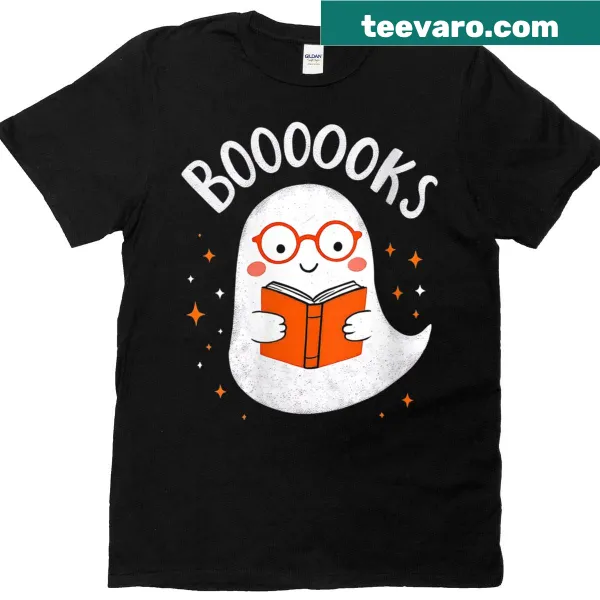 Funny ghost and book-themed graphic on a women's Halloween t-shirt
