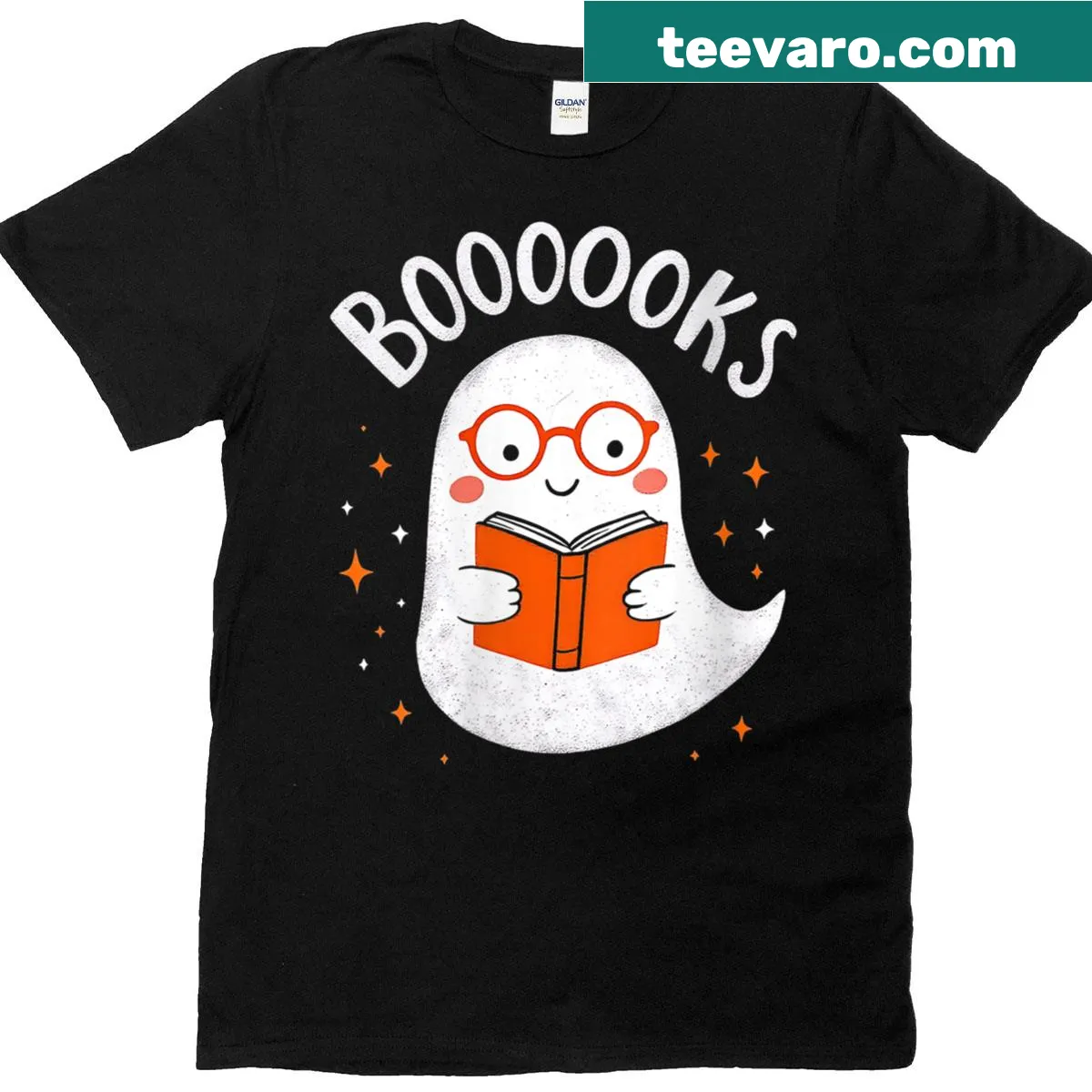 Funny ghost and book-themed graphic on a women's Halloween t-shirt — on a men's t-shirt