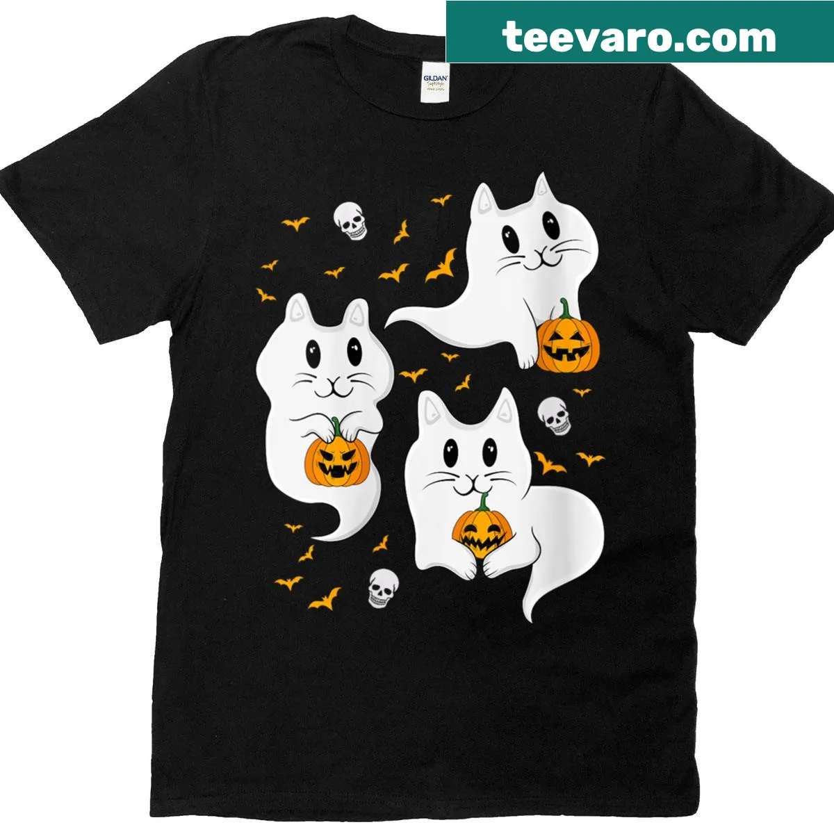 Cute cartoon cat ghost design with 'Boo!' for Halloween. — on a men's t-shirt