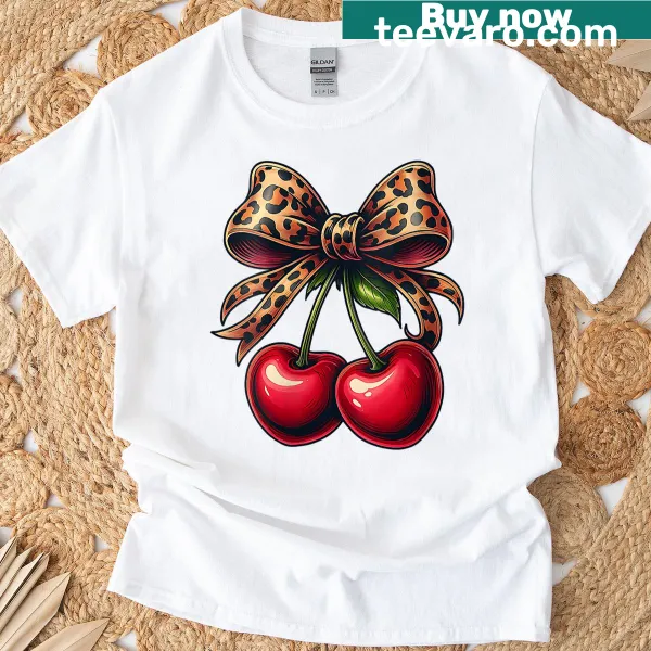 Vintage aesthetic women's t-shirt featuring a cherry bow and leopard pattern